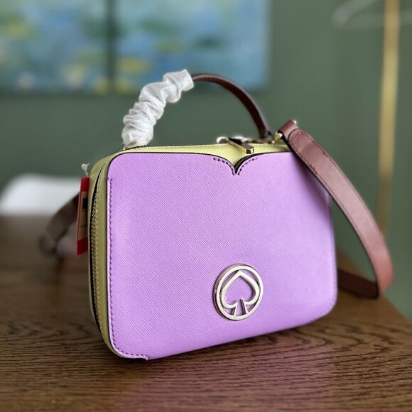 NWT!! Kate Spade Vanity Mini Top Handle Bag -Purple/Cream yellow(Irisbloom) - Picture 1 of 16
